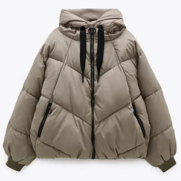 Zara Puffer Short Cropped Nude Taupe Puffer Hooded Winter Jacket Coat - Picture 4 of 6